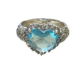 Lovely Sterling silver 925 Sim Blue Topaz & Sim Diamond glass ring Heart